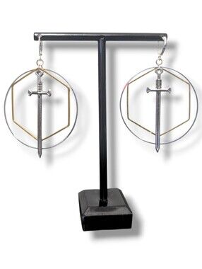 NWT Handmade Dangly Sword Hoop And Hexagon Drop Earrings